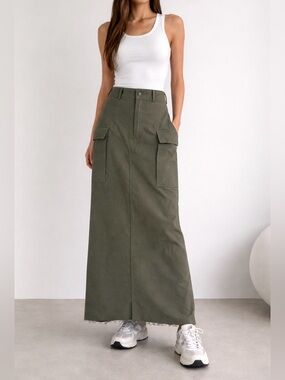 DE BASE Olive Green Cargo Maxi Skirt Size S High Waisted Utility Military Style